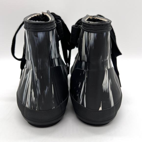 HUNTER Lace Up Rain Boots Womens 6 Black White Nightfall Marbled Rubber Bootie - Picture 3 of 11